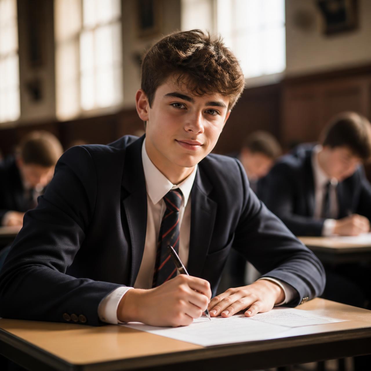 A GCSE student sitting a written English exam looking calm and confident